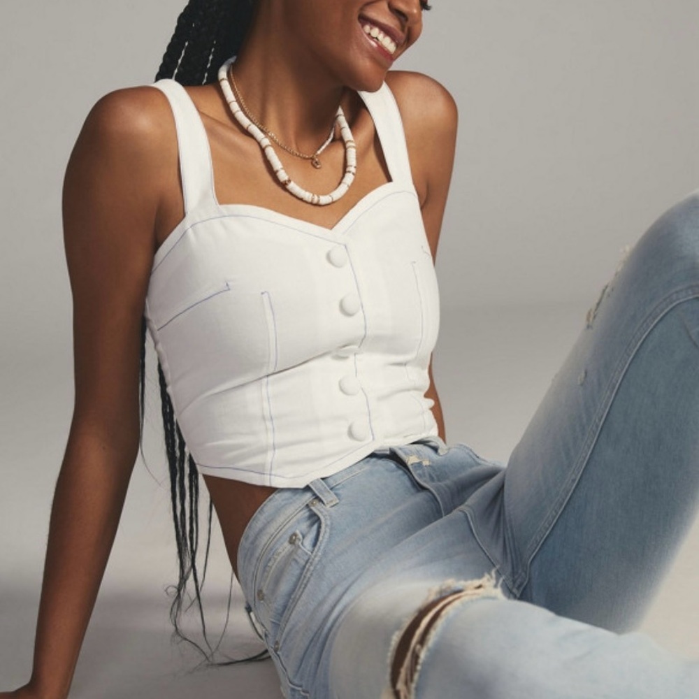 Maeve White Structured Button-Front Crop Top